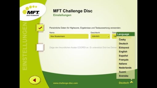 MFT Challenge Disc App - Einstellungen mit Sprachen