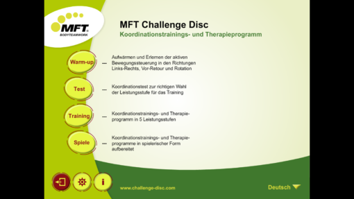 MFT Challenge Disc App - Hauptmenü Koordinationstraining, Balance-Test und Spiele